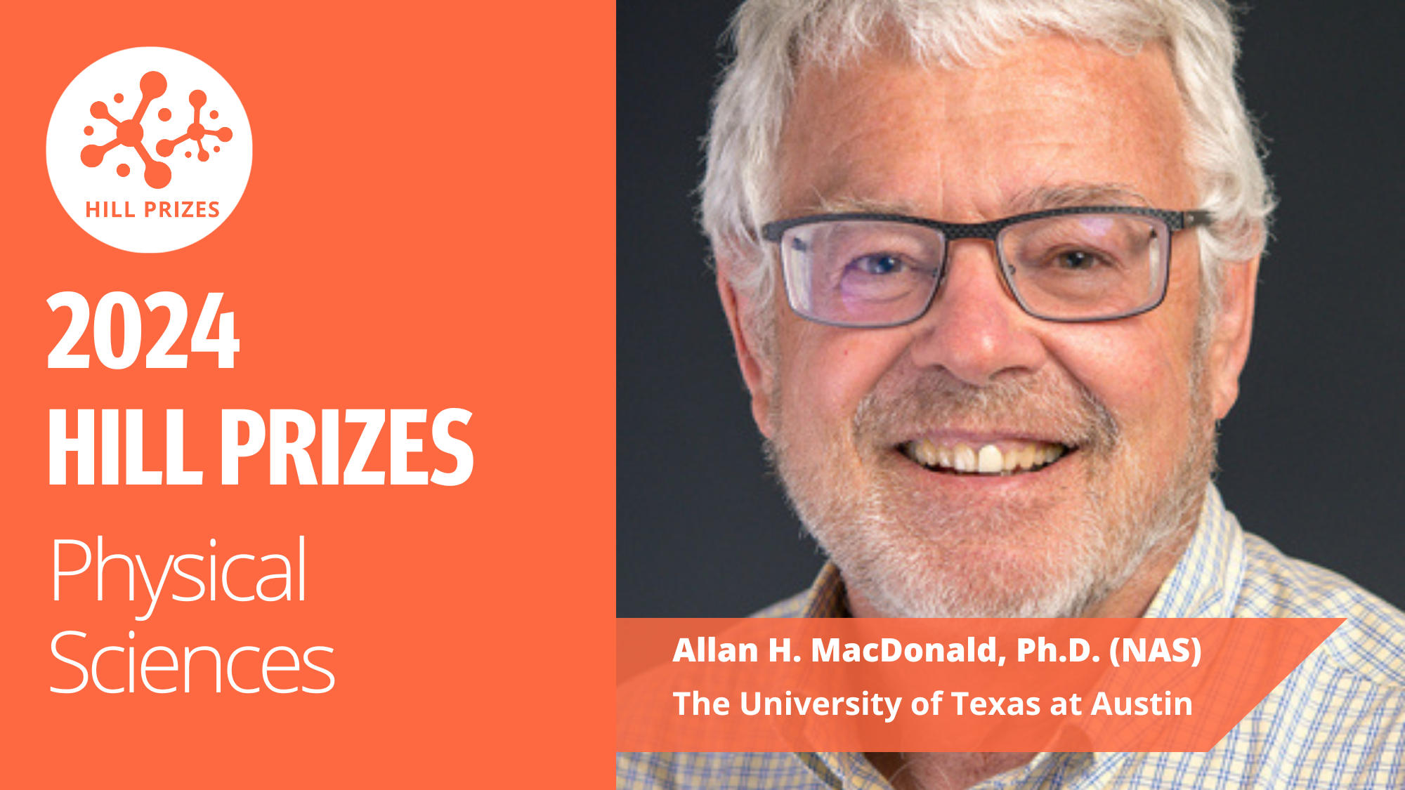 A man in glasses is shown next to the words 2023 Hill Prizes Physical Sciences Allan H. MacDonald, Ph.D. (NAS), The University of Texas at Austin