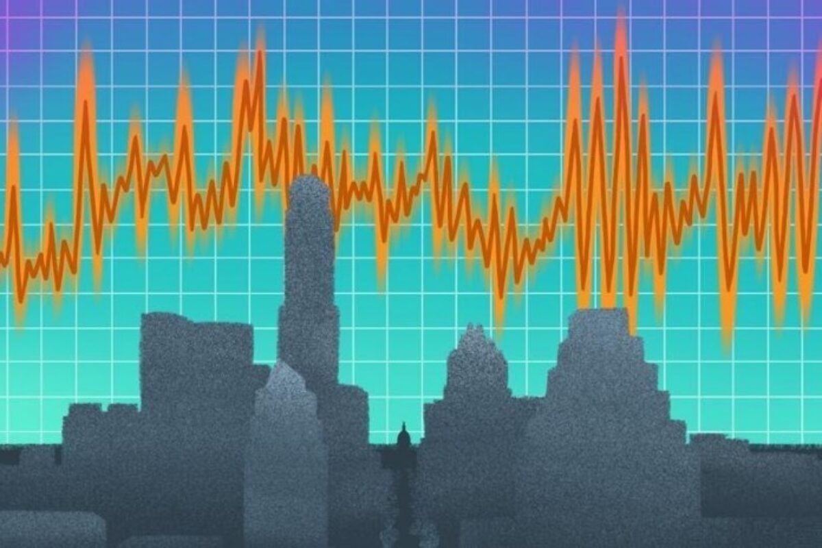 An illustration of the Austin skyline against a graph line showing peaks and valleys