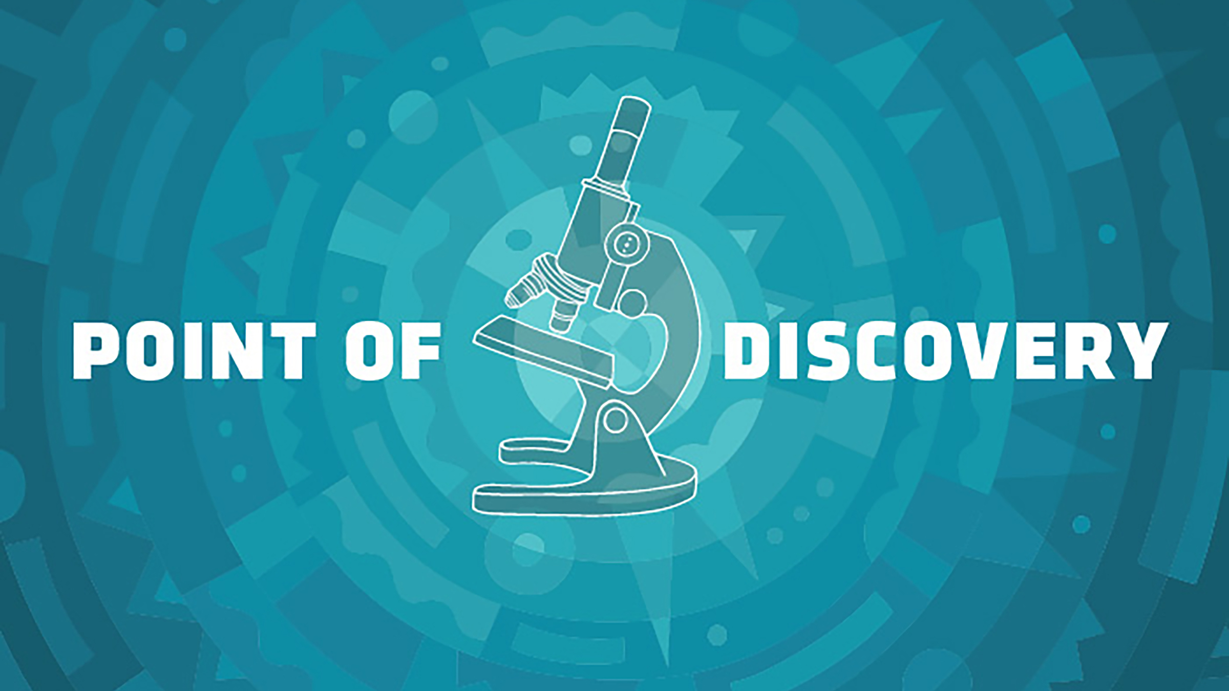 Logo with a microscope in front of an abstract blue background and the words "Point of Discovery"
