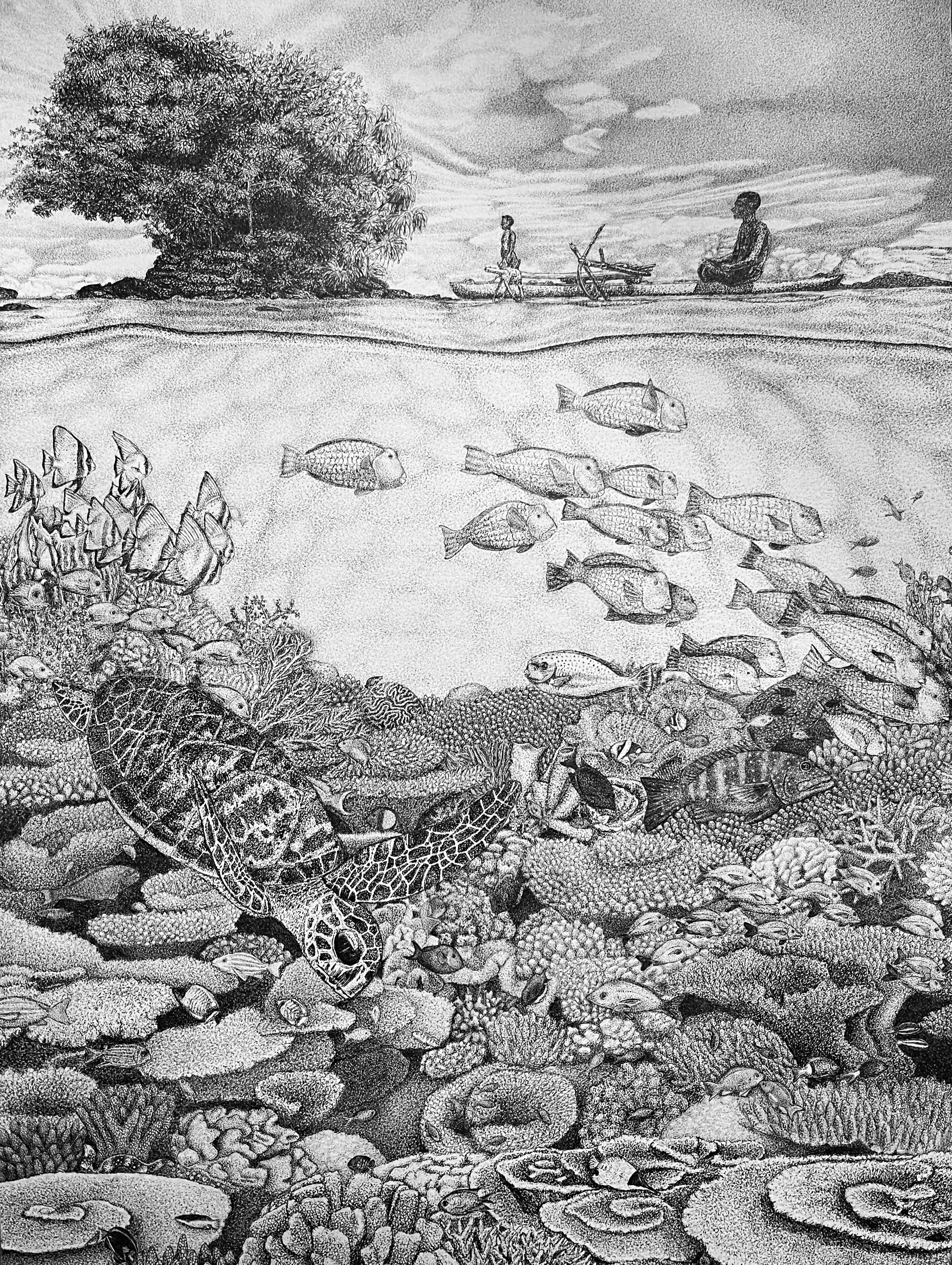 Black and grey dots on a white background depict a reef scene, both below and above the water line.