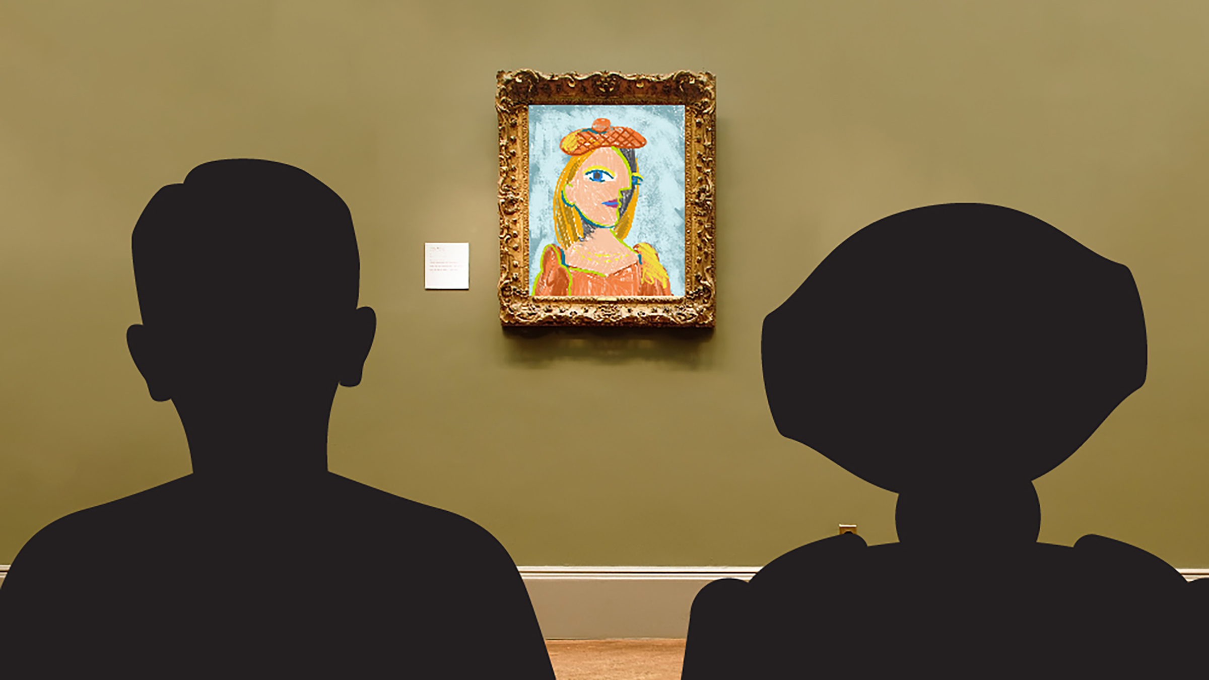 Silhouettes of a human and a robot looking at a painting in a museum