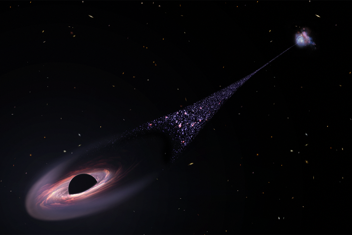 A dark object with a bright halo around it seems to be streaming through space with a bright trail behind it