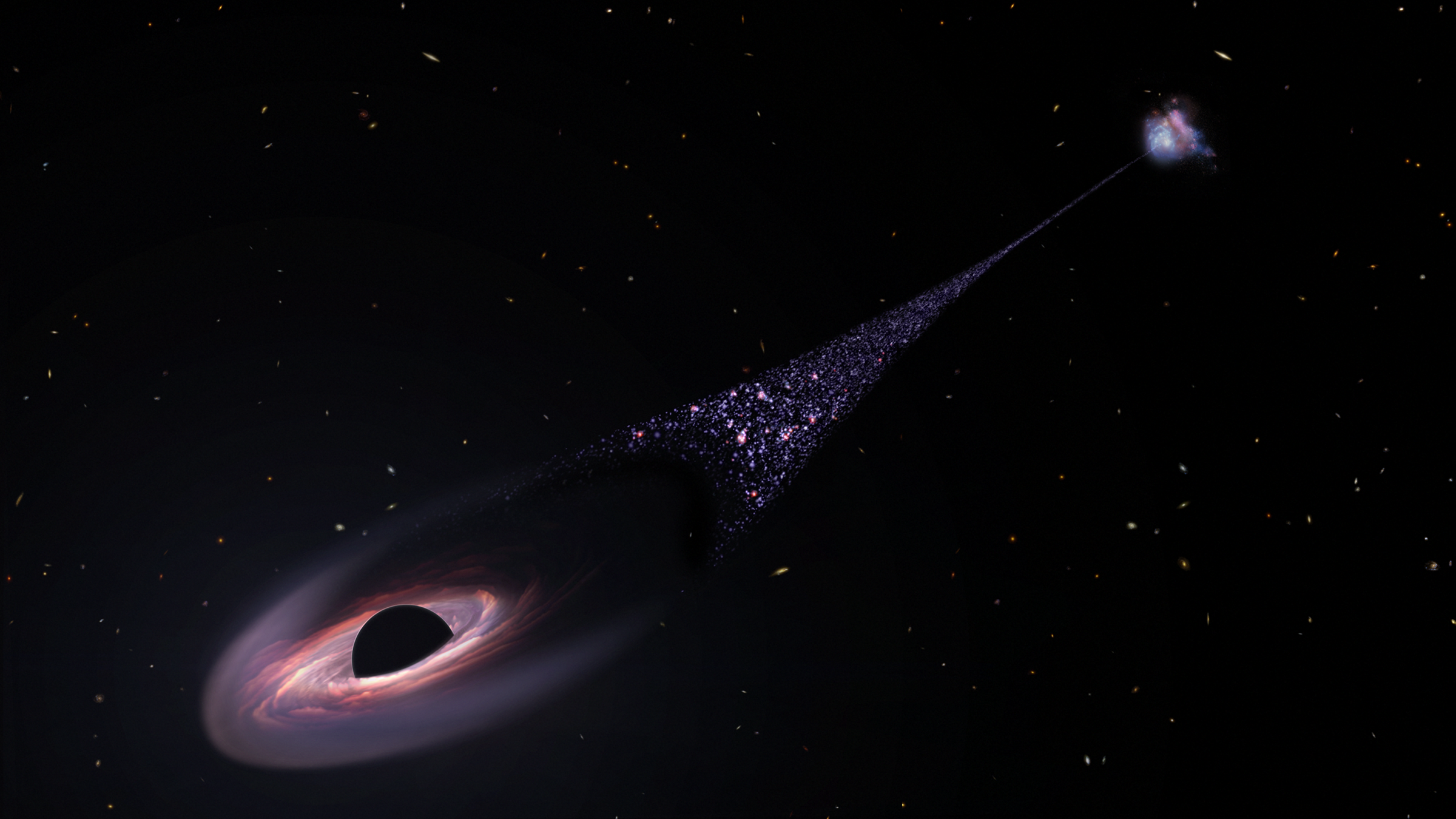 A dark object with a bright halo around it seems to be streaming through space with a bright trail behind it