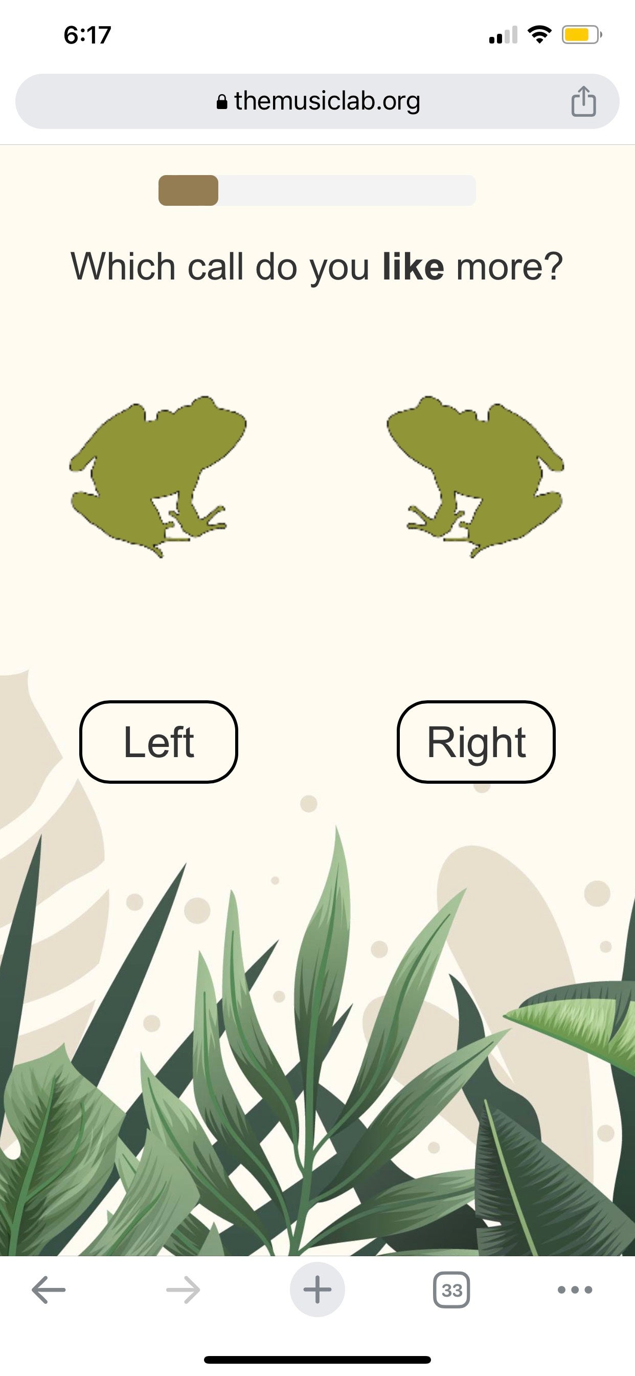 A screenshot from a mobile app shows two frogs. Above them it reads "Which call do you like more?" and below each frog is a button that a user can click to select their preferred frog sound.
