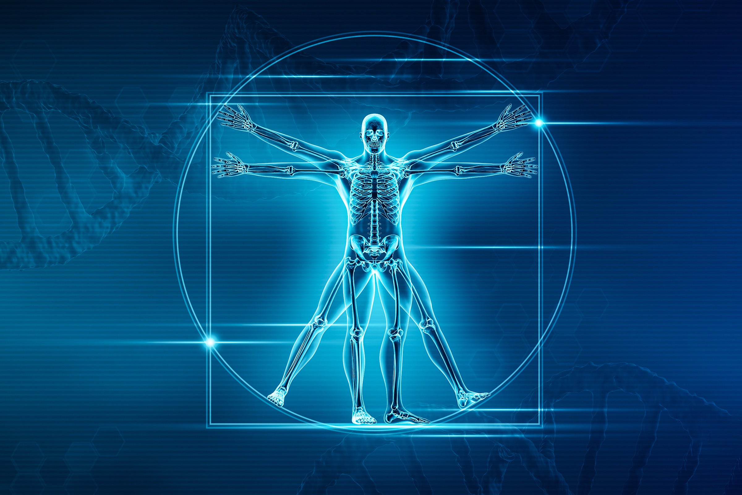 Image of human skeleton imposed over DNA double helix