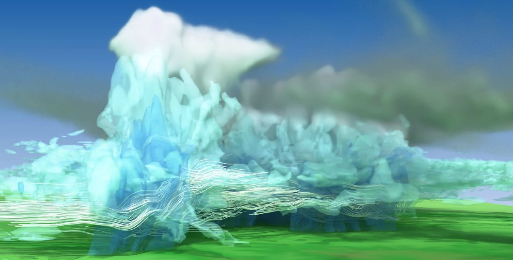 Illustration of white clouds over a green landscape