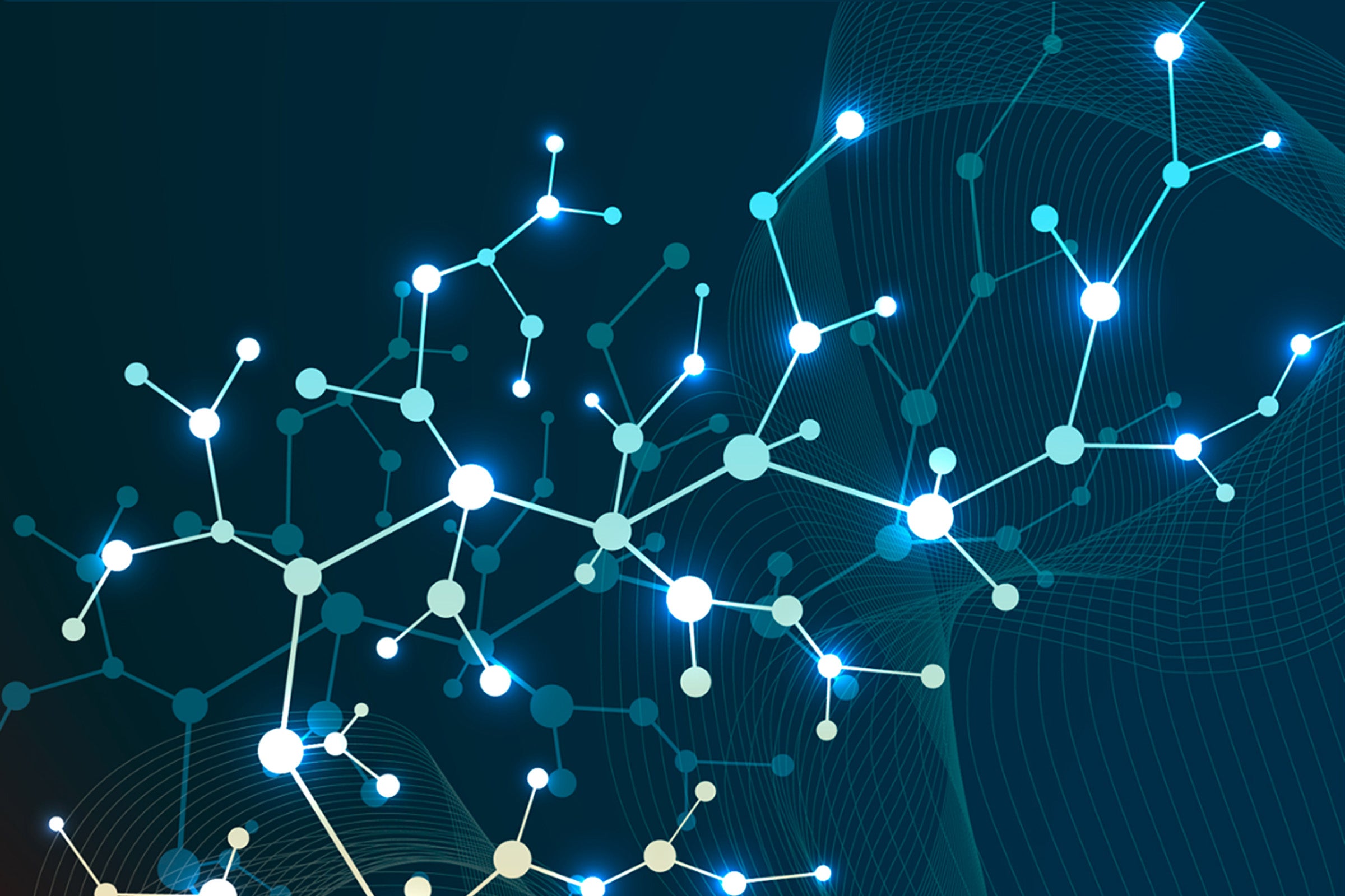 Glowing dots and lines form an interconnected web on a dark blue background
