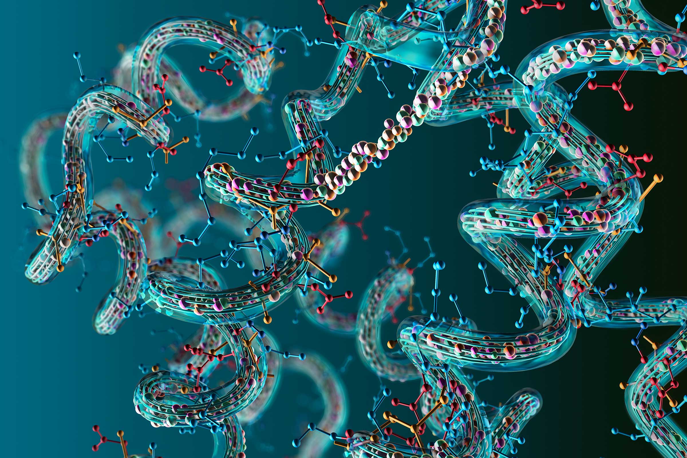Blue and green spirals of amino acids against a dark blue background