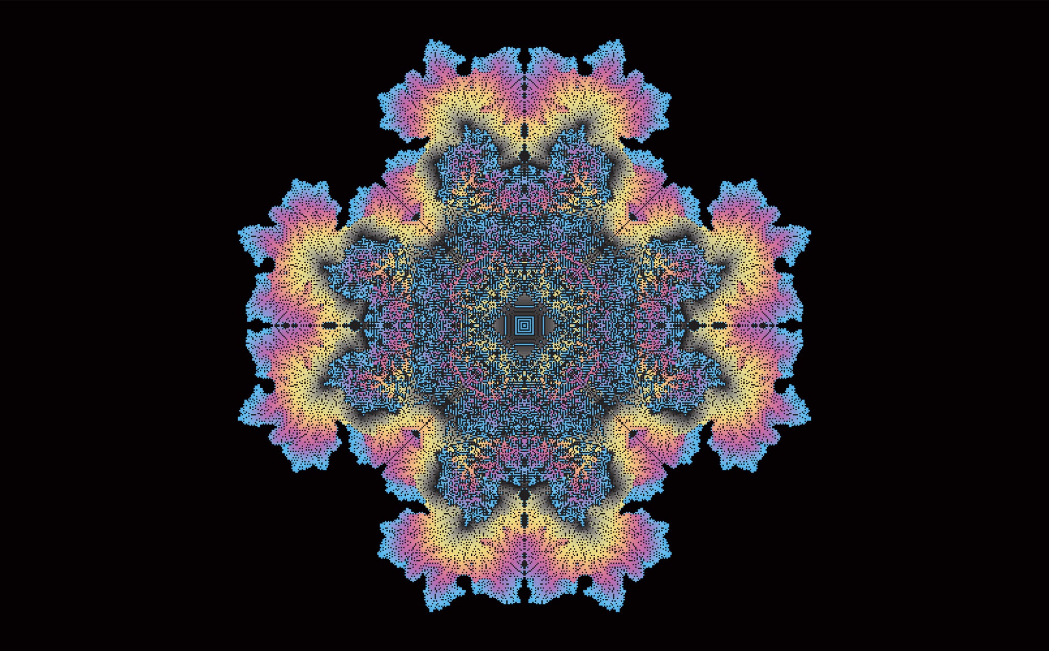 An image generated by simulating a modified version of a mathematical process called Conway's Game of Life.