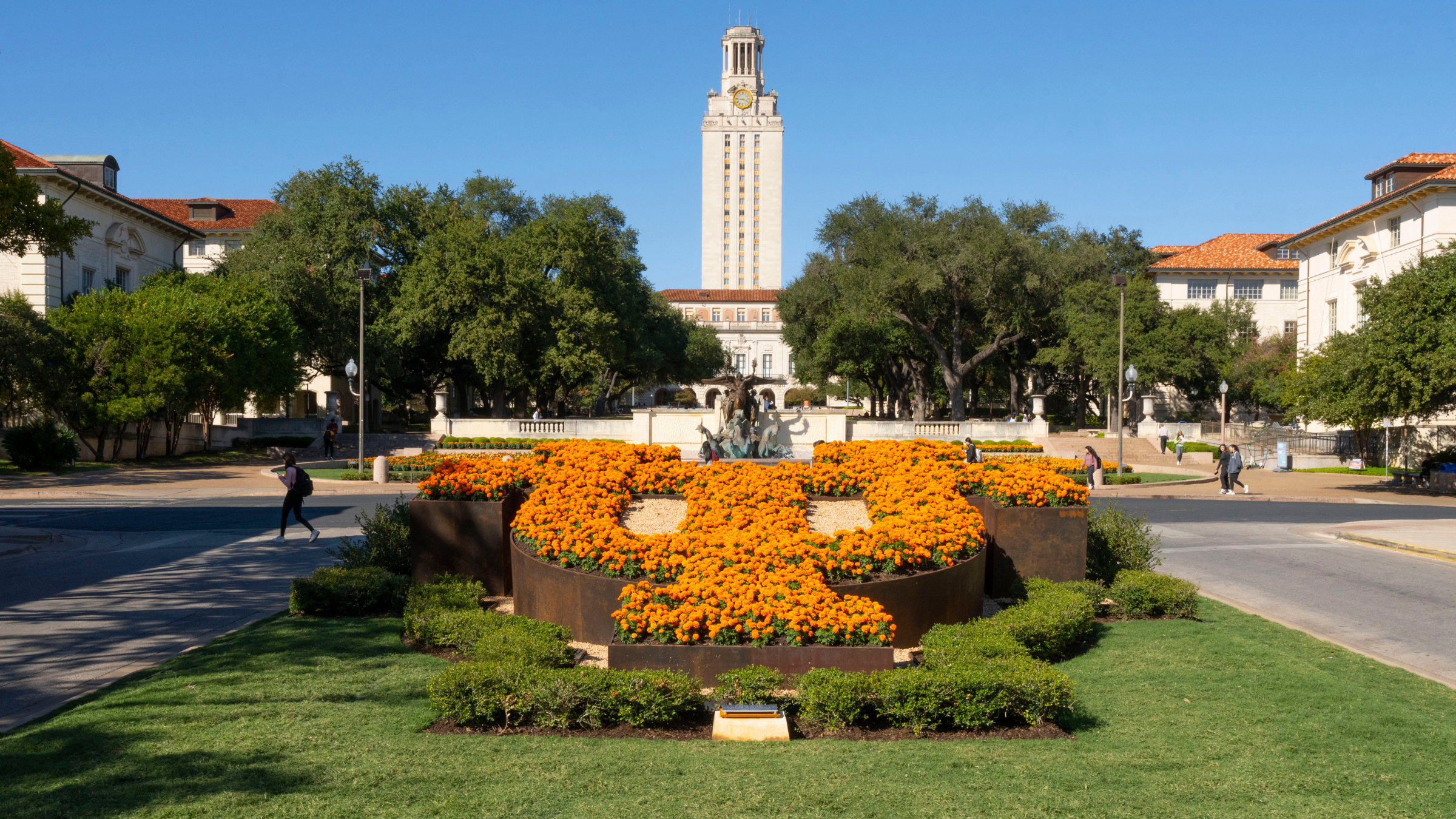 The University of Texas at Austin Tower is shown on a clear day with the Littlefield fountain and flowers that spell UT in the foreground
