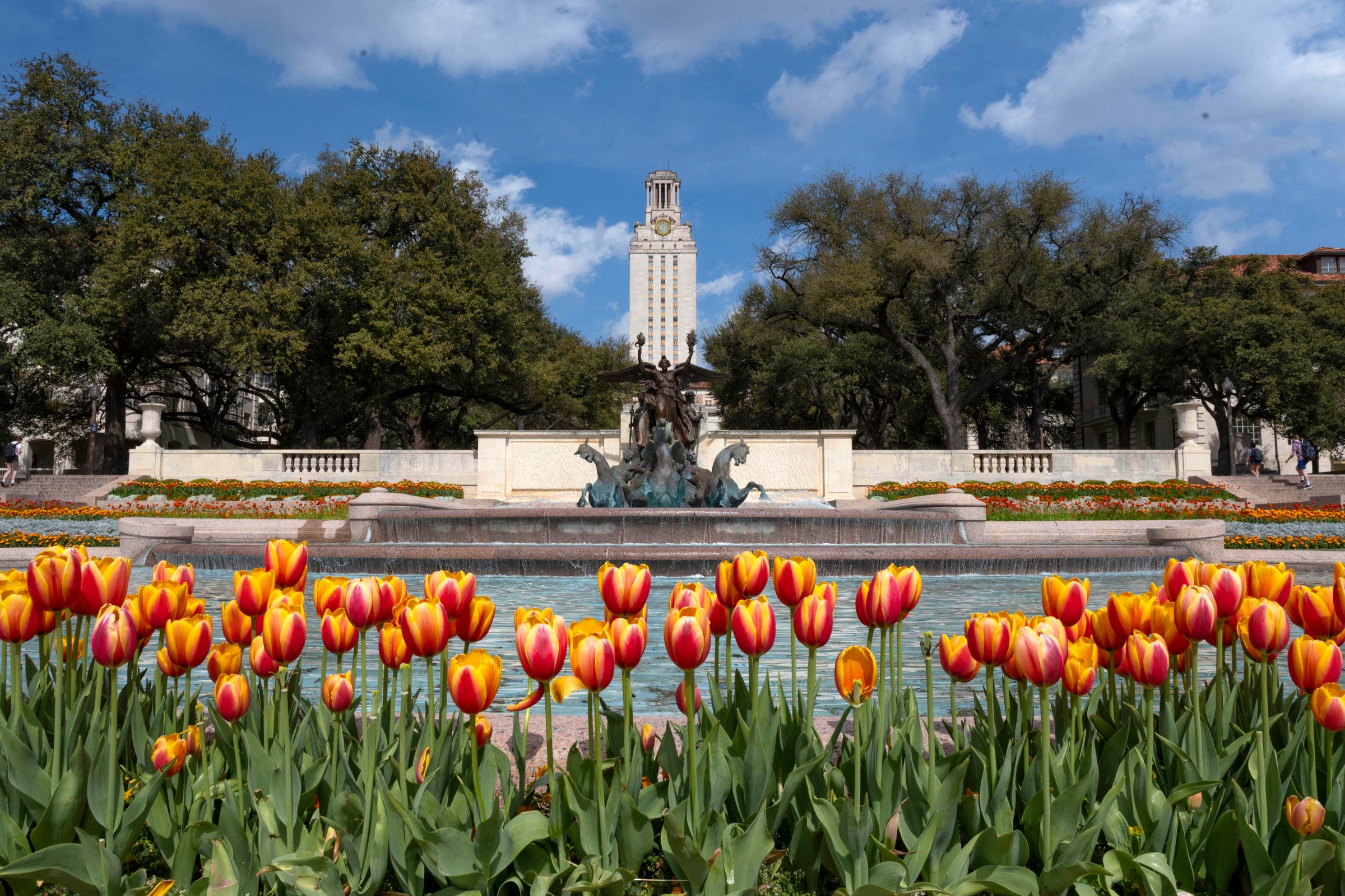 The UT Tower looms under a partly cloudy sky with the Littlefield Fountain and tulips in the foreground.