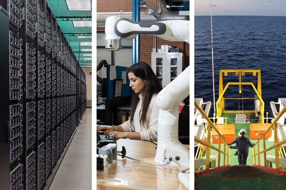 A montage depicts supercomputers, robotics with a researcher and an ocean rig setting.