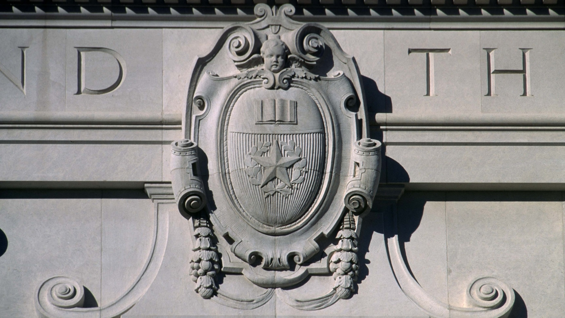 An architectural detail of the University of Texas seal showing a star, book and face cut in limestone on a building