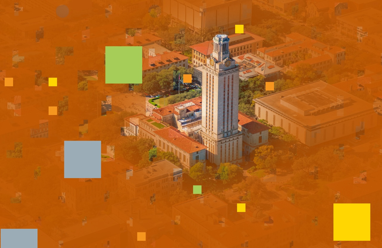 The UT Tower and campus are shown with graphics that represent pixels
