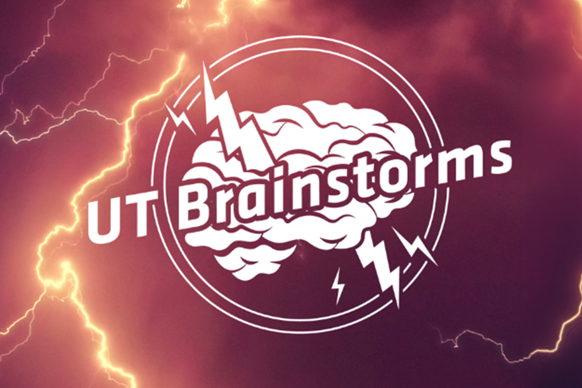 Text reads "UT Brainstorms" over a drawing of a brain with lightning bolts shooting out of it.