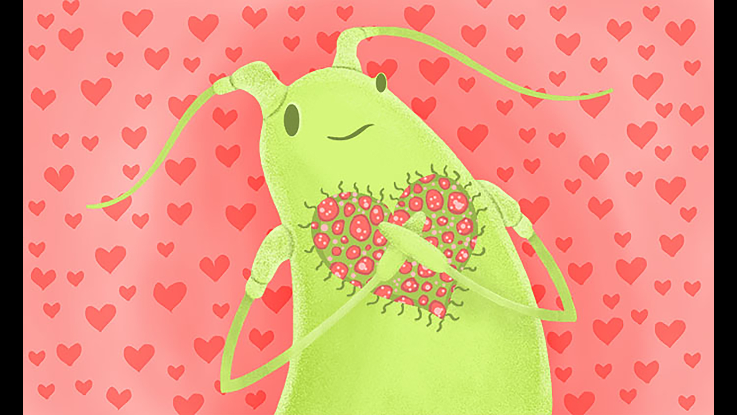 A green insect holds its hands over its heart, which is made up of red microbes