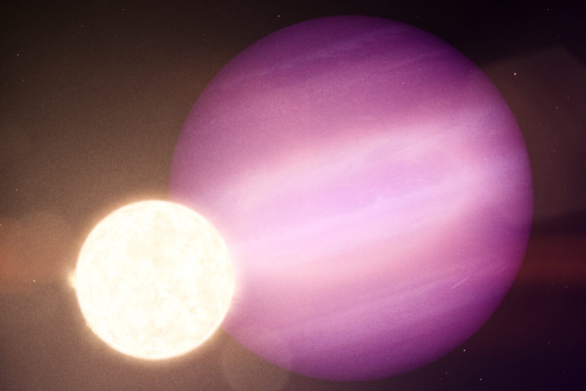 An artist's rendition of a gassy planet much larger than the small star it orbits